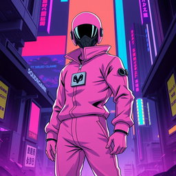 A full body depiction of a 'Squid Game' pink guard character reimagined in a vibrant anime art style