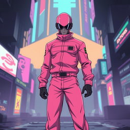 A full body depiction of a 'Squid Game' pink guard character reimagined in a vibrant anime art style