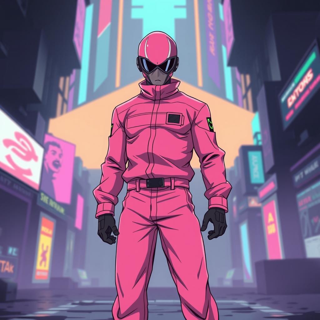 A full body depiction of a 'Squid Game' pink guard character reimagined in a vibrant anime art style