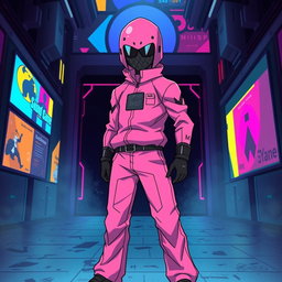 A full body depiction of a 'Squid Game' pink guard character reimagined in a vibrant anime art style