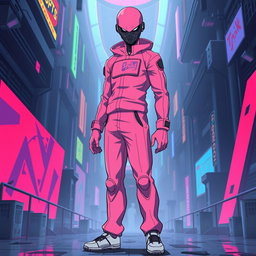 A full body depiction of a 'Squid Game' pink guard character reimagined in a vibrant anime art style