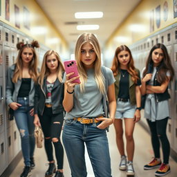 A group of stylish high school girls, dressed in trendy outfits, standing confidently in a bright, vibrant school hallway decorated with lockers and posters
