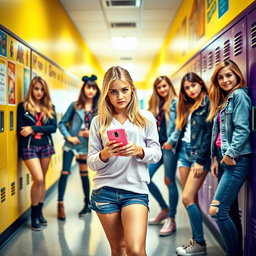 A group of stylish high school girls, dressed in trendy outfits, standing confidently in a bright, vibrant school hallway decorated with lockers and posters