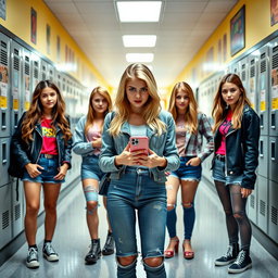 A group of stylish high school girls, dressed in trendy outfits, standing confidently in a bright, vibrant school hallway decorated with lockers and posters