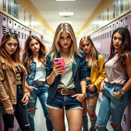 A group of stylish high school girls, dressed in trendy outfits, standing confidently in a bright, vibrant school hallway decorated with lockers and posters