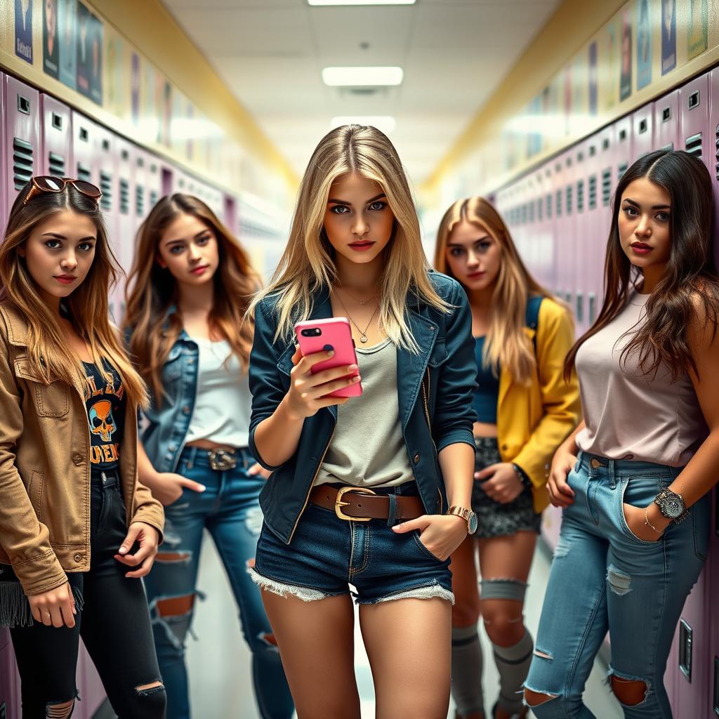 A group of stylish high school girls, dressed in trendy outfits, standing confidently in a bright, vibrant school hallway decorated with lockers and posters