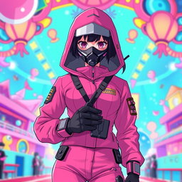 A full body depiction of a female guard from a competitive games theme, inspired by the 'Squid Game', rendered in a vibrant anime art style