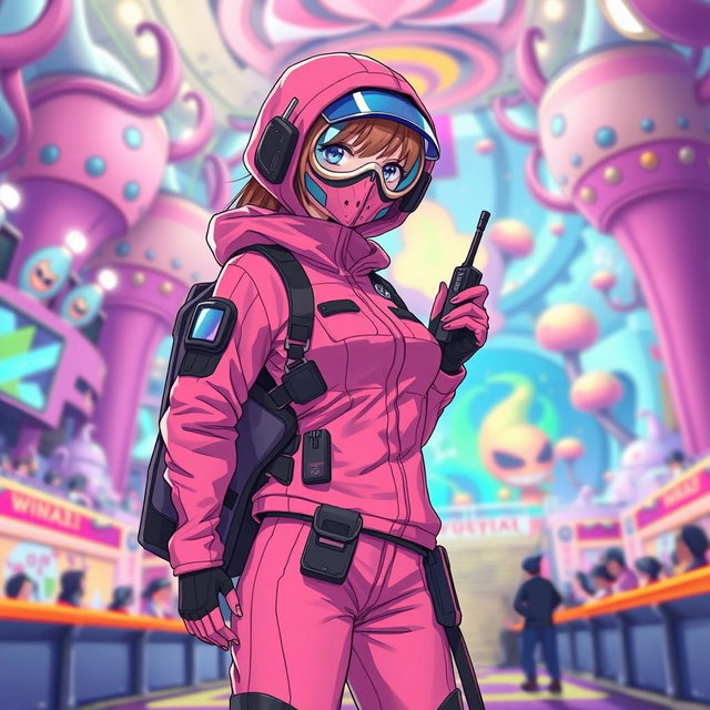 A full body depiction of a female guard from a competitive games theme, inspired by the 'Squid Game', rendered in a vibrant anime art style