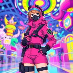A full body depiction of a female guard from a competitive games theme, inspired by the 'Squid Game', rendered in a vibrant anime art style
