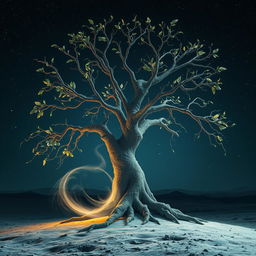 A mystical tree on the moon, with glowing leaves and intricate bark, depicting its gradual destruction