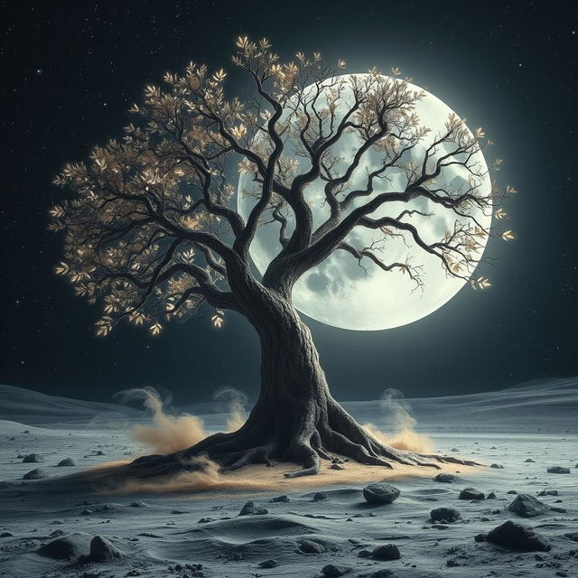 A mystical tree on the moon, with glowing leaves and intricate bark, depicting its gradual destruction