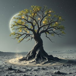 A mystical tree on the moon, with glowing leaves and intricate bark, depicting its gradual destruction