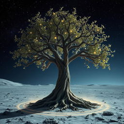 A mystical tree on the moon, with glowing leaves and intricate bark, depicting its gradual destruction