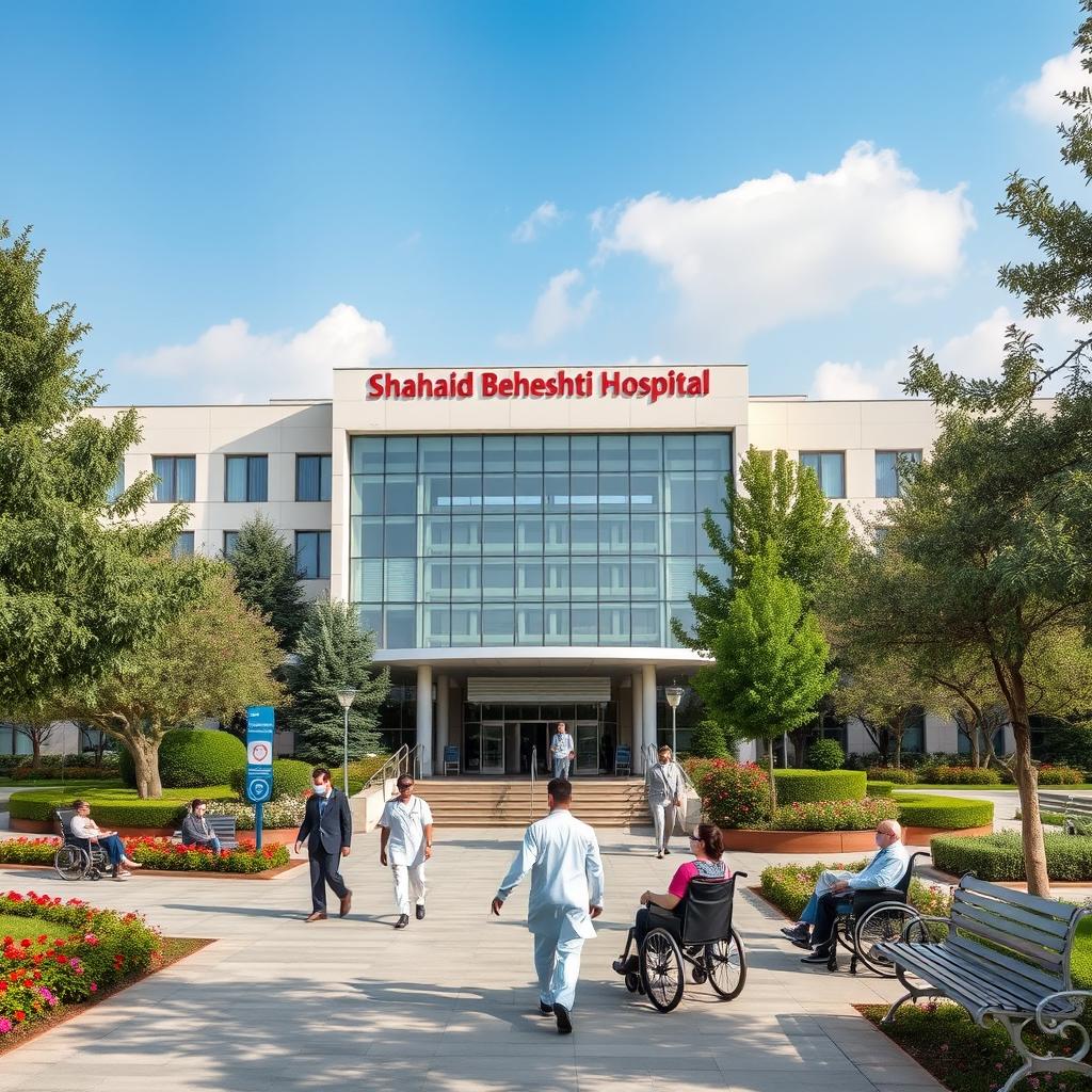 A detailed image of Shahid Beheshti Hospital, showcasing its modern architecture and busy environment