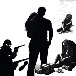 A striking black-and-white image featuring a silhouette of a man and woman in the center, chest up