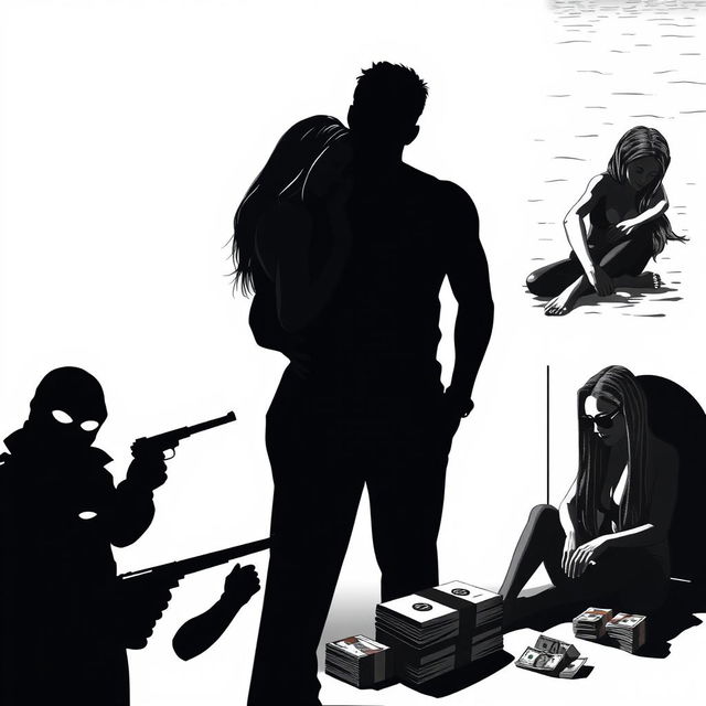 A striking black-and-white image featuring a silhouette of a man and woman in the center, chest up