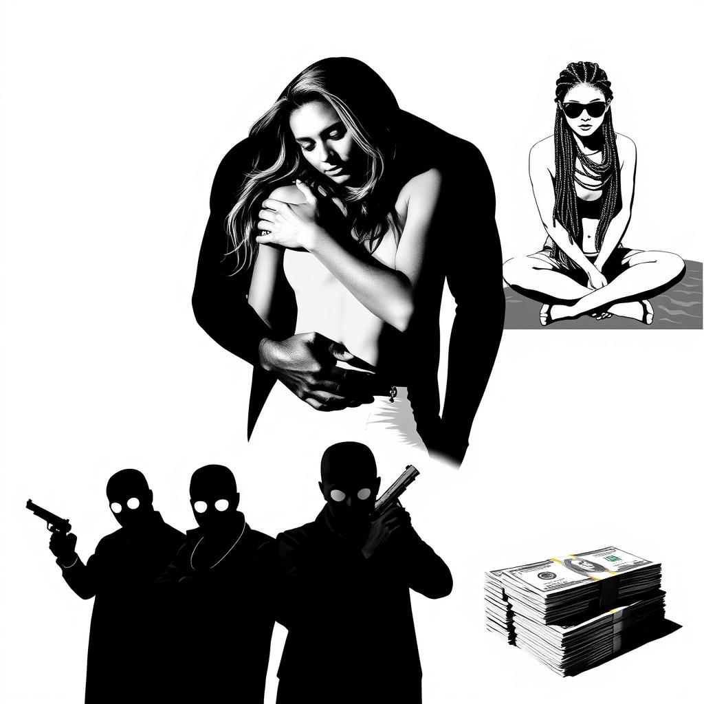 A striking black-and-white image featuring a silhouette of a man and woman in the center, chest up