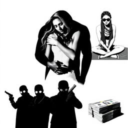 A striking black-and-white image featuring a silhouette of a man and woman in the center, chest up