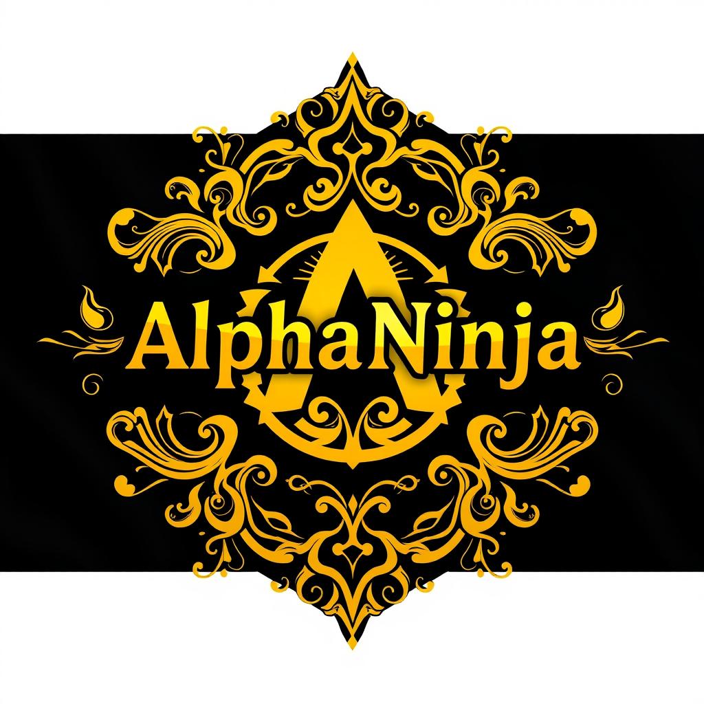 A flag design featuring a sleek black background with an intricate golden vector art design