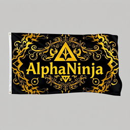 A flag design featuring a sleek black background with an intricate golden vector art design