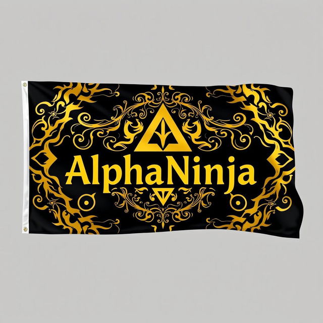 A flag design featuring a sleek black background with an intricate golden vector art design