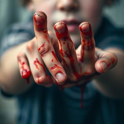 A close-up of a boy's hands covered in blood, the fingers slightly spread as if just after a struggle or an intense scene