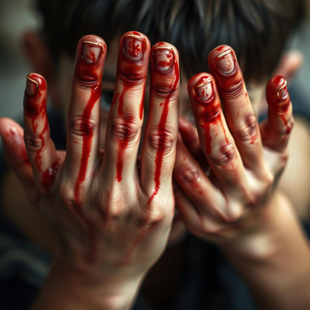 A close-up of a boy's hands covered in blood, the fingers slightly spread as if just after a struggle or an intense scene