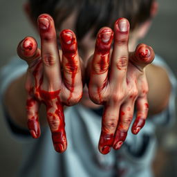 A close-up of a boy's hands covered in blood, the fingers slightly spread as if just after a struggle or an intense scene