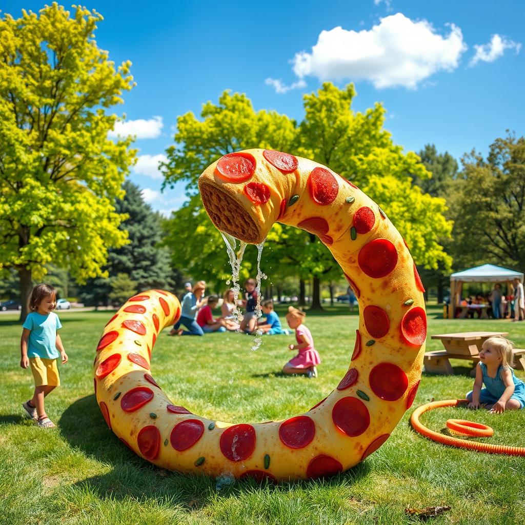 An imaginative and whimsical scene featuring a giant hose that looks like a pizza, complete with realistic pepperoni, melted cheese, and colorful vegetables