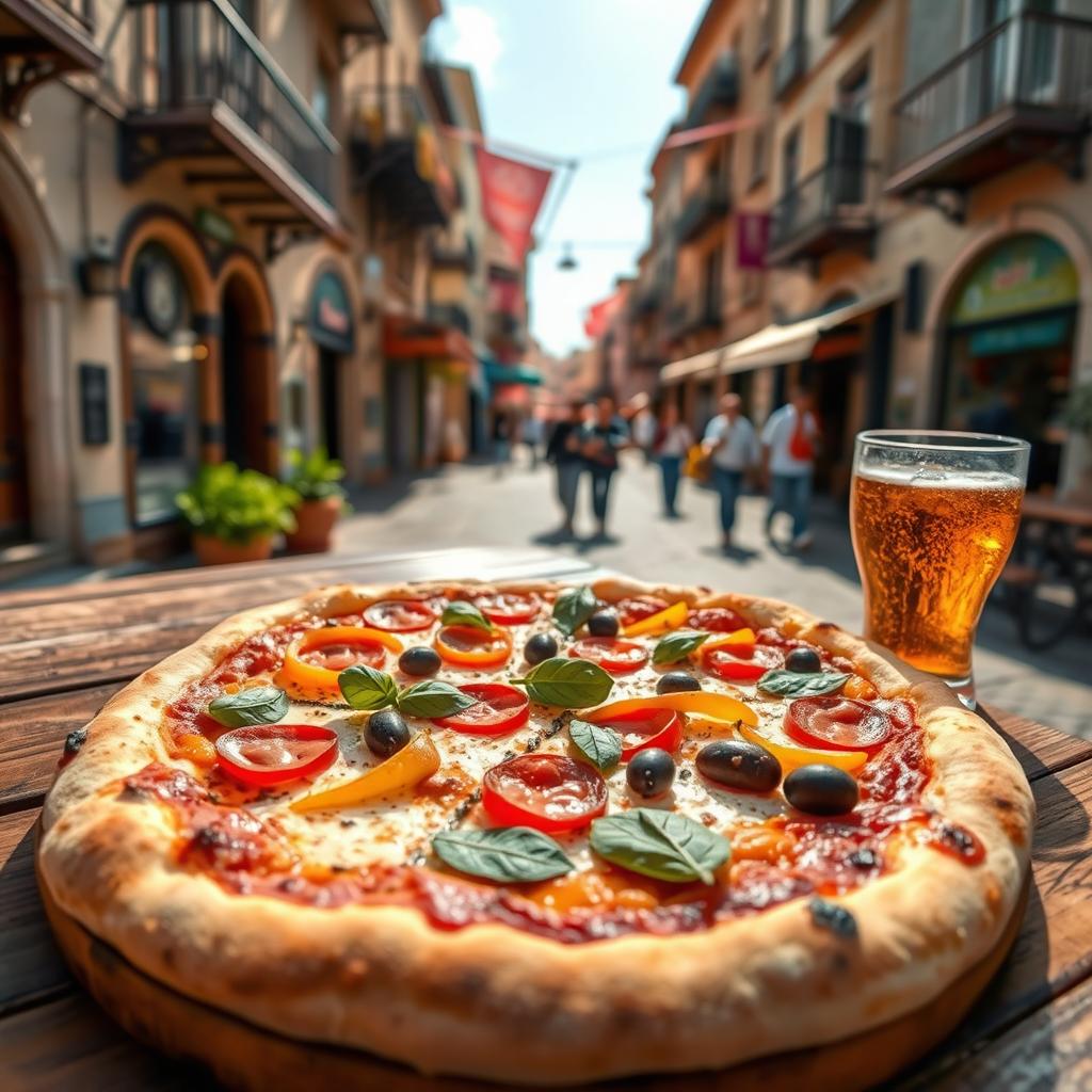 A vibrant, mouth-watering pizza adorned with colorful toppings such as pepperoni, bell peppers, olives, and fresh basil, set against a picturesque, sunny outdoor backdrop of Bahonar Street in Iran