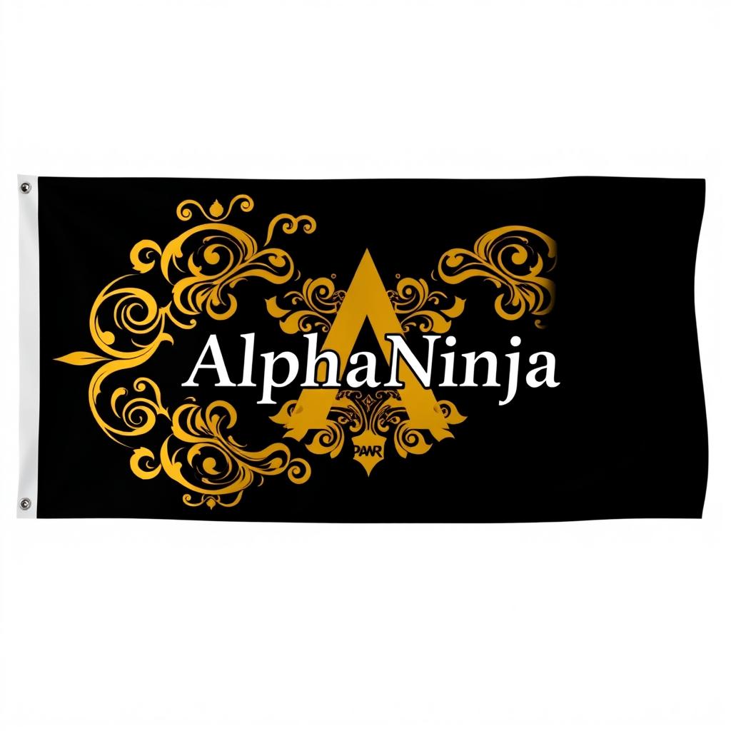 A striking flag design featuring a black background with intricate golden vector art