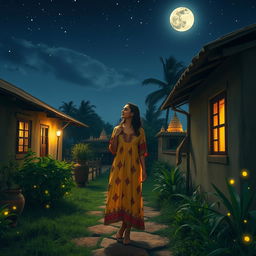 A serene night in an Indian village, showcasing traditional architecture and lush greenery under a starlit sky