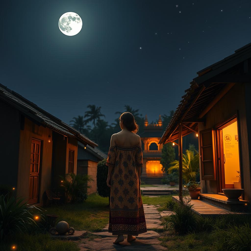 A serene night in an Indian village, showcasing traditional architecture and lush greenery under a starlit sky