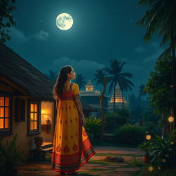 A serene night in an Indian village, showcasing traditional architecture and lush greenery under a starlit sky