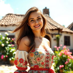 A stunning local beauty in a quaint village setting, wearing a traditional dress that beautifully highlights her natural curves
