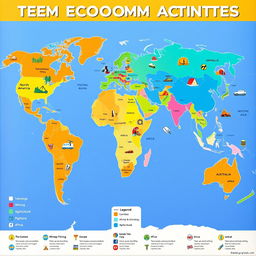 A detailed, colorful map of the continents featuring their main economic activities