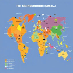 A detailed, colorful map of the continents featuring their main economic activities