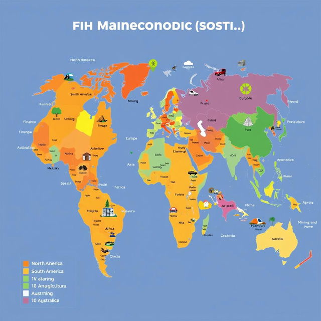 A detailed, colorful map of the continents featuring their main economic activities