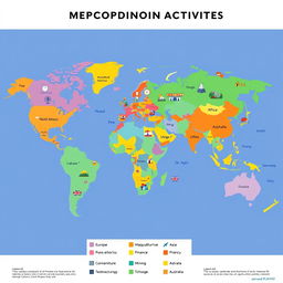 A detailed, colorful map of the continents featuring their main economic activities