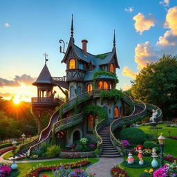 A whimsical architectural folly inspired by nature, featuring an intricate design resembling a giant treehouse with winding staircases, balconies draped in vines, and a spiral slide