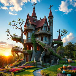 A whimsical architectural folly inspired by nature, featuring an intricate design resembling a giant treehouse with winding staircases, balconies draped in vines, and a spiral slide
