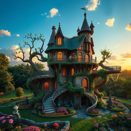 A whimsical architectural folly inspired by nature, featuring an intricate design resembling a giant treehouse with winding staircases, balconies draped in vines, and a spiral slide