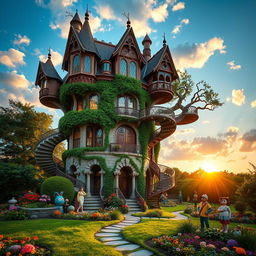 A whimsical architectural folly inspired by nature, featuring an intricate design resembling a giant treehouse with winding staircases, balconies draped in vines, and a spiral slide