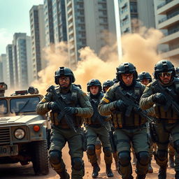 A dynamic scene of a modern army in action, showcasing a diverse group of soldiers in tactical uniforms, engaging in a military operation in an urban setting