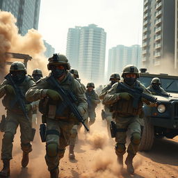 A dynamic scene of a modern army in action, showcasing a diverse group of soldiers in tactical uniforms, engaging in a military operation in an urban setting