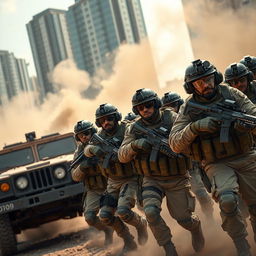 A dynamic scene of a modern army in action, showcasing a diverse group of soldiers in tactical uniforms, engaging in a military operation in an urban setting