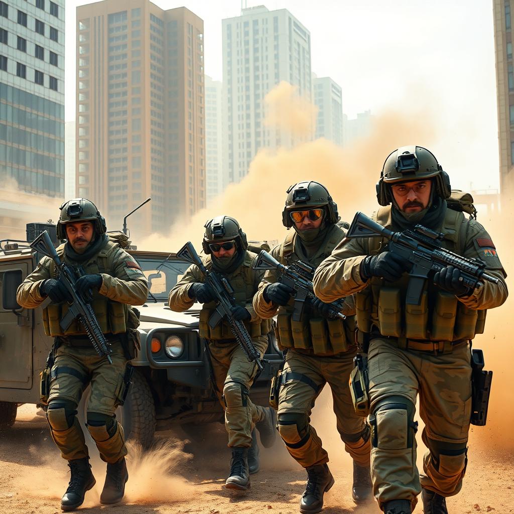 A dynamic scene of a modern army in action, showcasing a diverse group of soldiers in tactical uniforms, engaging in a military operation in an urban setting