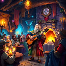 A vibrant fantasy scene depicting a bard performing in a mystical tavern filled with enchanting lights and lively patrons