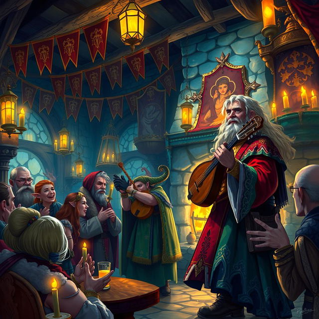 A vibrant fantasy scene depicting a bard performing in a mystical tavern filled with enchanting lights and lively patrons