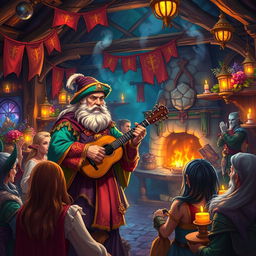 A vibrant fantasy scene depicting a bard performing in a mystical tavern filled with enchanting lights and lively patrons